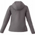 A grey lightweight women's jacket with a hood, featuring a simple design and a logo on the back.