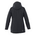 A women's rain jacket in black with a hood, featuring a logo on the back.