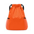 An orange drawstring backpack with mesh sides and a cinched top. Features black straps and a logo.