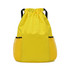 A yellow fitness drawstring backpack with mesh side pockets and a cinched top, featuring a logo.