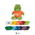 A green crocodile plush toy wearing an orange shirt, surrounded by a variety of T-shirt designs in different colours.