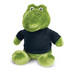 A green crocodile plush toy wearing a black shirt, featuring large eyes and a friendly expression.
