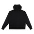 A black hoodie with a front pocket and a large hood. The product features a logo on the chest area.