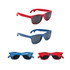 A drink bottle opener is integrated into red and blue sunglasses, featuring tinted lenses and a logo on one pair.