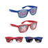 Pinhole sticker sunglasses in blue and red, featuring various designs and a logo on each pair.