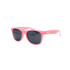 Pink glow-in-the-dark sunglasses with dark lenses, featuring a logo on the side.