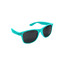 A pair of turquoise RPET sunglasses with dark lenses and a plastic frame.