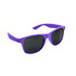 Purple classic sunglasses with black lenses and a logo on the arm.