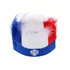 A headband wig featuring red, white, and blue colours, with a fluffy design and a logo at the front.
