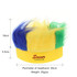 A headband wig featuring vibrant blue, yellow, and green colours with a yellow base. It has a logo and specific dimensions.
