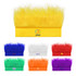 A collection of vibrant headband wigs in yellow, blue, white, red, green, orange, and purple, each with fluffy strands.
