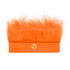 An orange solid headband wig with a vibrant, fluffy style and a logo on the band.