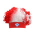 A red and white curly wig with a headband featuring a logo, designed for sporting events.