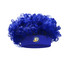A blue afro headband wig with vibrant, curly hair and a logo on the band.