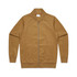 A brown bomber jacket featuring a zip closure and ribbed collar, with a logo on the label.