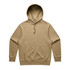 A khaki hoodie featuring a front pocket and an adjustable drawstring hood. It has a brand logo.