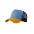 A fashion mesh hat featuring a blue front and yellow brim, with a black mesh back and a logo.