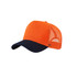 A fashion mesh hat featuring an orange front and navy blue visor, with a mesh back and a logo.