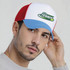 A fashion mesh hat with a white front, red mesh sides, and a light blue peak, featuring a logo.