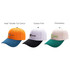A 6-panel adjustable baseball cap in orange, white and black, and beige with green. Features logos on each cap.