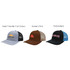 Three trucker caps featuring mesh backs in blue, brown, and grey, each with distinct logos or designs.