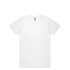 A white T-shirt with a crew neckline and short sleeves, featuring a branding label.