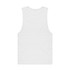 A plain white organic tank top with a sleeveless design, featuring a logo on the back.