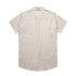 A short-sleeved beige linen button-up shirt with a classic collar, featuring a back yoke and no visible logo.
