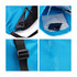 A blue sports drawstring backpack featuring a compartment for a phone and a mesh pocket. It has a logo.