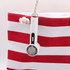 A white high-speed cooling fan attached to a red and white striped tote bag. The fan includes a circular grille and controls.