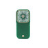 A green folding neck fan with a phone stand, featuring a compact design and a logo on the base.