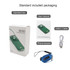 A green folding neck fan with a phone stand, USB-C cable, user manual, and lanyard in standard packaging.