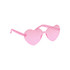 Heart-shaped sunglasses in a vibrant pink colour with transparent frames. Features a logo on the side.