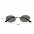 Oval retro sunglasses with black lenses and a gold frame, measuring 14cm in width and 4cm in height.