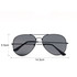 Classic aviator sunglasses with black frames and dark lenses, featuring a logo on the design. Dimensions included.