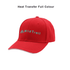 A red six-panel cap with a front logo and a curved brim. Features a heat transfer design.