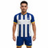 A fitted blue and white striped t-shirt with yellow accents, paired with matching blue shorts. Features a logo.