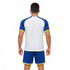 A white and blue short-sleeved T-shirt with yellow accents, featuring a round neck and a logo.