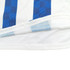 A breathable white T-shirt featuring blue checkered stripes, with a set-in shoulder design, and a logo present.
