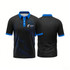 A black polo shirt with blue accents, featuring a logo and a sublimated design. Back view visible.