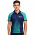 A man wearing a blue and teal 100% polyester micro mesh raglan polo shirt with a logo on the chest.