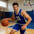 A sleeveless sport jersey in blue with green accents and a logo, featuring a male basketball player dribbling a ball.