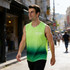 A green gradient sleeveless singlet made from 100% polyester micro mesh, featuring a branding logo.