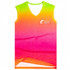 A vibrant V-neck singlet in gradient shades of pink, orange, and green, featuring a logo.