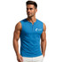 A blue, sleeveless singlet with a small v-neck and button detail, featuring a logo on the front.