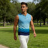 A sleeveless singlet in blue and teal gradient with a small V-neck and buttoned front. It features a logo.
