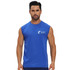 A blue 100% polyester micro mesh crew neck singlet featuring a logo on the front.