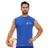 A blue crew neck singlet made of 100% polyester micro mesh, featuring a logo on the front.