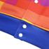 A vibrant unisex polyester spandex track jacket featuring orange and blue panels with snap buttons.