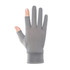A pair of grey sun protective gloves featuring two open fingers, with a snug fit and a soft texture.